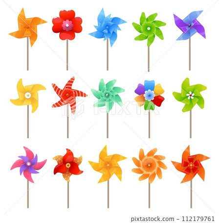 Colorful pinwheel summer toys. Cartoon paper windmills. Different shapes. Quantity vane. Kids origami. Rotated fans. Propellers rotation. Ventilator on stick. Vector color wind mills set Colorful pinwheel summer toys. Cartoon paper windmills. Different shapes. Quantity vane. Kids origami. Rotated fans. Propellers rotation. Ventilator on stick. Vector color wind mills set 112179761
