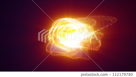 Abstract glowing looped light hi-tech energy yellow sphere atom clot of energy from lines and particles futuristic, abstract background 112179780