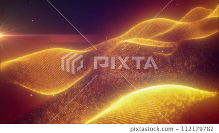 Yellow energy glowing magic waves high-tech digital iridescent liquid plasma with light rays lines and energy particles. Abstract background Yellow energy glowing magic waves high-tech digital iridescent liquid plasma with light rays lines and energy particles. Abstract background 112179782