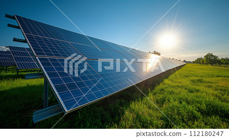 Solar Panels in Green Field at Sunrise. Solar Panels in Green Field at Sunrise. 112180247