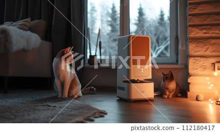 Automated smart pet feeder in a cozy corner 112180417