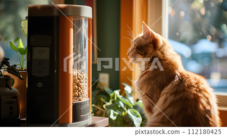 Automated smart pet feeder in a cozy corner 112180425