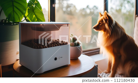 Automated smart pet feeder in a cozy corner 112180430