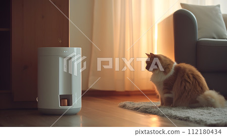 Automated smart pet feeder in a cozy corner 112180434