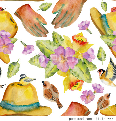 Hand drawn watercolor illustration spring gardening clothes accessory, hat gloves with flowers and birds. Seamless pattern isolated on white background. Design print, shop, scrapbooking, packaging Hand drawn watercolor illustration spring gardening clothes accessory, hat gloves with flowers and birds. Seamless pattern isolated on white background. Design print, shop, scrapbooking, packaging 112180667
