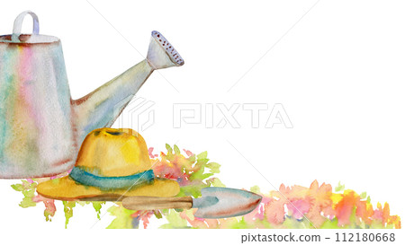 Hand drawn watercolor illustration spring gardening tools, watering can shovel, straw hat, flower bed leaves. Horizontal frame isolated on white background. Design print, shop, scrapbooking, packaging Hand drawn watercolor illustration spring gardening tools, watering can shovel, straw hat, flower bed leaves. Horizontal frame isolated on white background. Design print, shop, scrapbooking, packaging 112180668