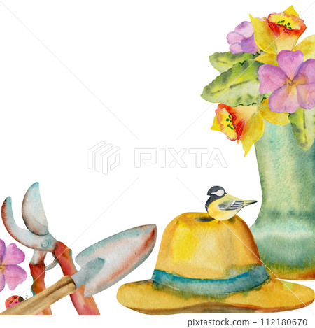 Hand drawn watercolor illustration spring gardening tools shovel pruning shears, hat rubber boots with flowers, tit bird. Square frame isolated on white background. Design print, shop, scrapbooking 112180670