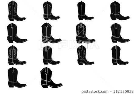 Cowboy boots with ornament. Cowboy western and wild west theme.Cowboy boot Illustration. Cowboy boot heels vector silhouette illustration set. 112180922