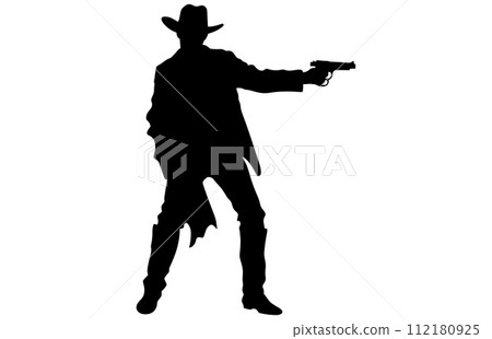 Cowboy shooting silhouette vector illustration, Cowboy Shooting with a Gun Silhouette 112180925