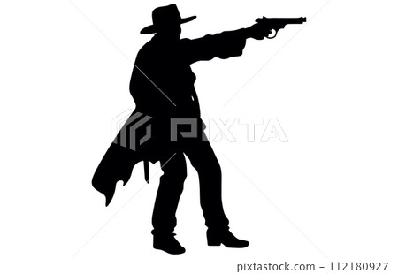 Cowboy shooting silhouette vector illustration, Cowboy Shooting with a Gun Silhouette 112180927