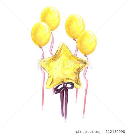 Balloon star birthday watercolor drawing set bow ribbon. Anniversary holiday celebration object yellow. Decoration isolated white background. Aquarelle party glossy air gift. Greeting day bright Balloon star birthday watercolor drawing set bow ribbon. Anniversary holiday celebration object yellow. Decoration isolated white background. Aquarelle party glossy air gift. Greeting day bright 112180998