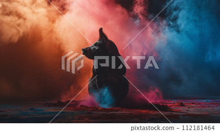 Pig silhouette on color powder background Pig silhouette on color powder background 112181464