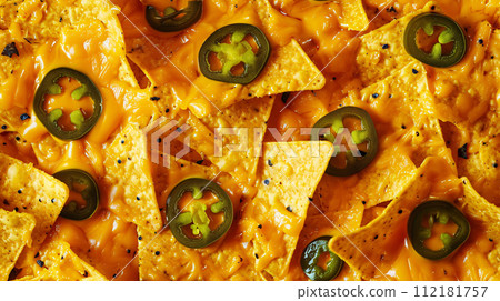Close up of Cinema Food nachos, assorted jelly beans, popcorn in a full screen tile, repeatable image   112181757
