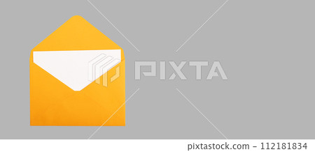 Blank card, postcard mockup in open envelope. Banner background, space for text 112181834