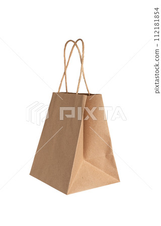 Kraft brown paper bag, paperbag mockup with handles, isolated on white background Kraft brown paper bag, paperbag mockup with handles, isolated on white background 112181854