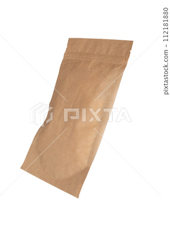 Zip-lock package isolated on white background. Kraft paper pouch, product bag, zipper closure 112181880