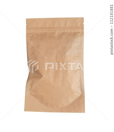Ziplock pack isolated on white background. Kraft paper pouch, product package, zipper seal 112181881