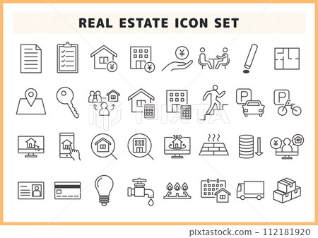 Icon material set for housing, real estate, viewing, loans, etc. Icon material set for housing, real estate, viewing, loans, etc. 112181920
