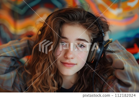 young girl listening to music with headphones young girl listening to music with headphones 112182024