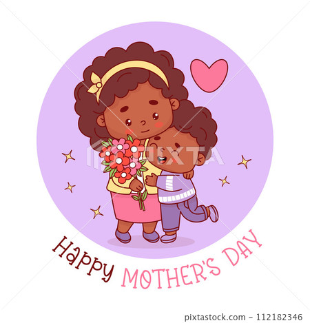 Cute black ethnic woman with boy son and bouquet flowers. Happy Mother's Day holiday card. Vector illustration flat cartoon style. Positive festive characters 112182346