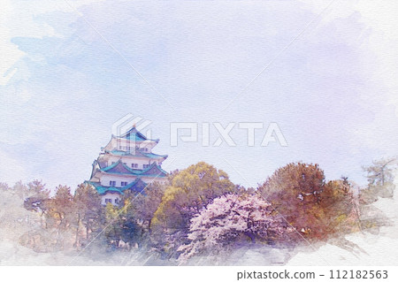 [愛知縣] 名古屋市 名古屋城和櫻花水彩畫 112182563