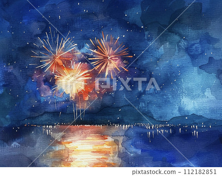 Watercolor painting of fireworks shining in the night sky AI image 112182851