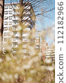 Retro housing complex seen from behind the grass 112182966