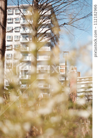 Retro housing complex seen from behind the grass 112182966