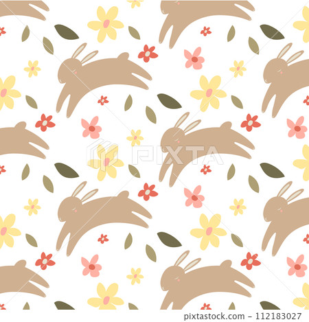 Easter lovely rabbits pattern with leaves and flowers. Cute childish seamless pattern in cartoon style. Easter lovely rabbits pattern with leaves and flowers. Cute childish seamless pattern in cartoon style. 112183027