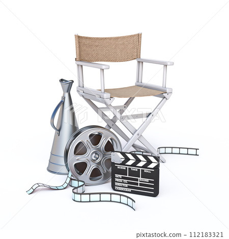 Directors chair, film reel, old megaphone and clapperboard 3D 112183321