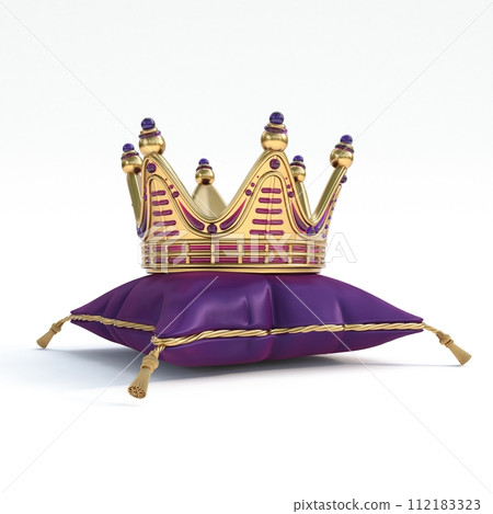 Golden crown with purple gemstones on pillow 3D Golden crown with purple gemstones on pillow 3D 112183323
