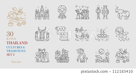 Thai tradition icon set vector illustration thin line Thai tradition icon set vector illustration thin line 112183410