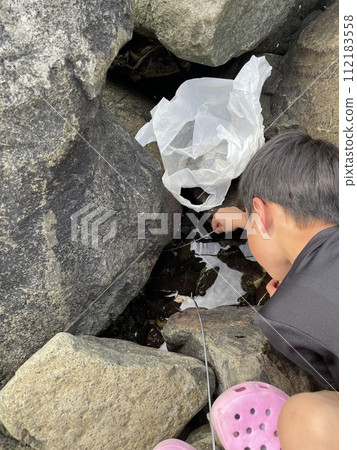 Children fishing for crabs in the sea 112183558