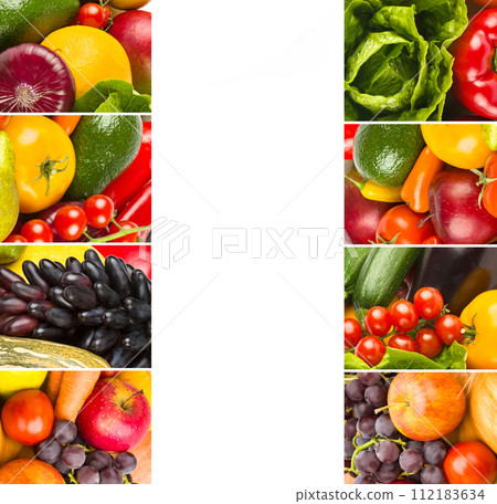 Set of vegetables and fruits. free space for text. Collage. Set of vegetables and fruits. free space for text. Collage. 112183634