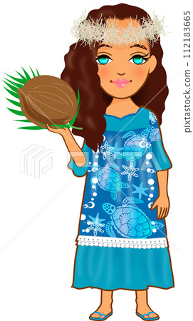 拿著棕櫚果子的熱帶藍眼睛女孩 112183665