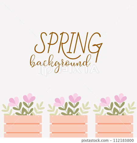 Flat Floral Background with Flowers in Wooden container. Spring Template Frame with Space for Text. Cartoon Vector Botany Illustration for Postcard, Poster, Social media. Blooming plant in Flower pot Flat Floral Background with Flowers in Wooden container. Spring Template Frame with Space for Text. Cartoon Vector Botany Illustration for Postcard, Poster, Social media. Blooming plant in Flower pot 112183800
