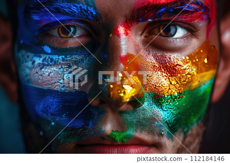 closeup of a boy with the lgtbi flag painted on his face 112184146