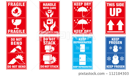 Warning stickers for home delivery packages, handling precautions, fold-and-stick type, variation set Warning stickers for home delivery packages, handling precautions, fold-and-stick type, variation set 112184303