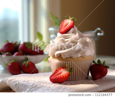 A vanilla cupcake topped with cream and strawberry 112184377