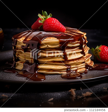 Stack of pancakes drizzled with chocolate syrup and strawberries topping 112184456