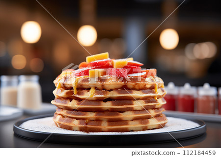 Stack of pancakes drizzled with chocolate syrup and strawberries topping 112184459