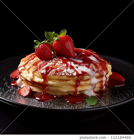 Stack of pancakes drizzled with chocolate syrup and strawberries topping 112184460