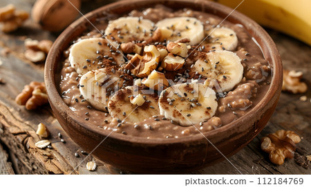 AI-generated content. A comforting bowl of oatmeal with bananas and walnuts, a delicious dish made with superfood ingredients, served on a wooden table 112184769