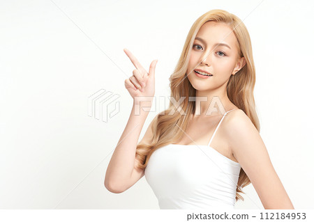 Beautiful young asian woman with clean fresh skin on white background, Face care, Facial treatment, Cosmetology, beauty and spa, Asian women portrait. 112184953