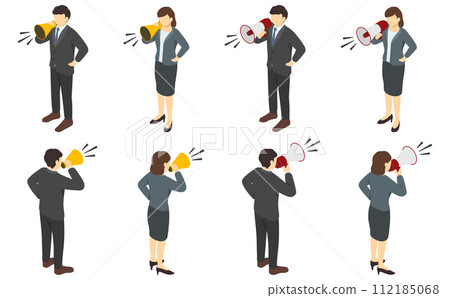 Isometric illustration: Men and women shouting with megaphones and loudspeakers (winter clothes) 112185068