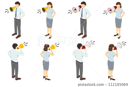 等距插圖:男人和女人用擴音器和揚聲器大喊(夏裝) 等距插圖:男人和女人用擴音器和揚聲器大喊(夏裝) 112185069