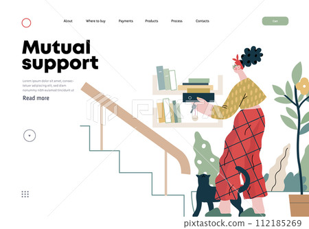 Mutual Support: Book Swap -modern flat vector concept illustration of a woman leaving books on a shelf in hallway for neighbors A metaphor of voluntary, collaborative exchanges of resource, services 112185269