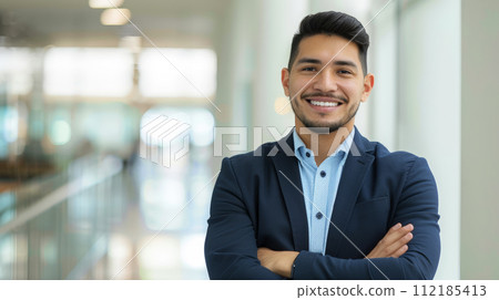Portrait of a successful  businessman with confident and friendly facial expression and his arms crossed in front of blurred office background. Generative AI 112185413