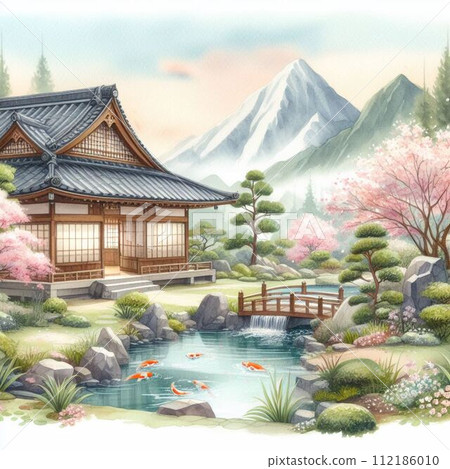 Spring temple with cherry blossoms blooming 112186010