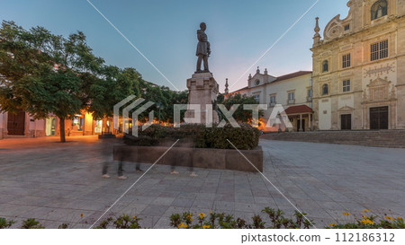 Panorama showing Sa da Bandeira Square with a view of the Santarem See Cathedral day to night timelapse. Portugal Panorama showing Sa da Bandeira Square with a view of the Santarem See Cathedral day to night timelapse. Portugal 112186312